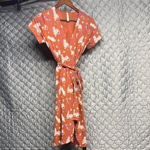 Rust Orange Wrap Dress with White Print